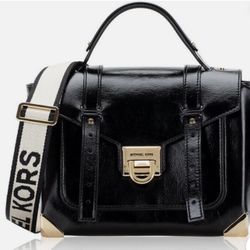 NWT Michael Kors Manhattan Medium Leather Satchel, Metallic Black