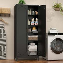 Black 75" H Kitchen Pantry Storage Cabinet, Pantry Cupboard with Doors and Adjustable Shelves  Polup brand kitchen pantry storage cabinet i