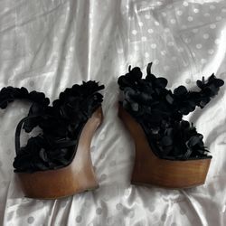 Black And Brown Flower Wedge Heels 