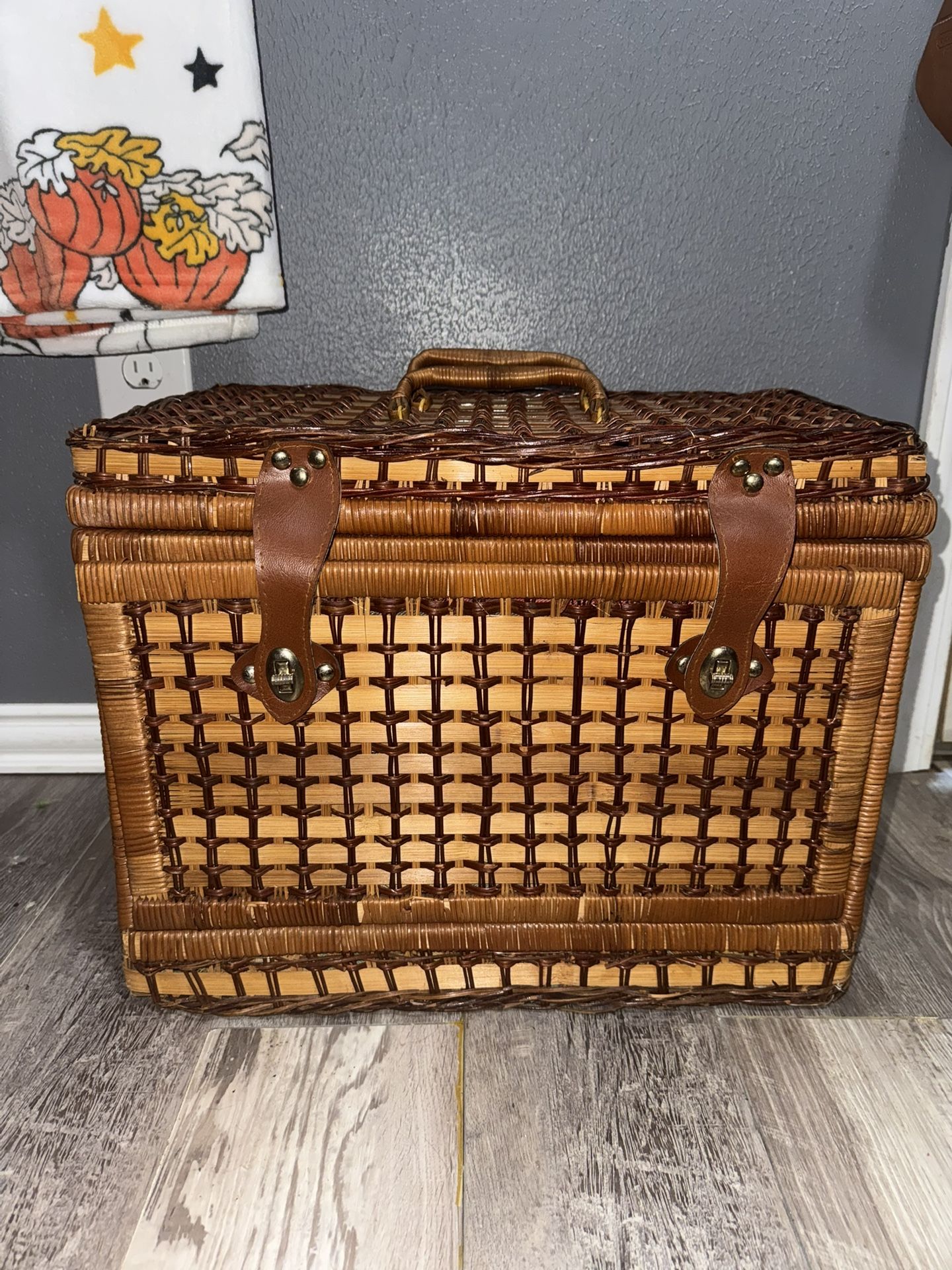 Vintage Wicker Picnic Basket With Silverware And Plates