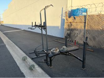 Gym power tower and Olympic size weight bench with bar and weights