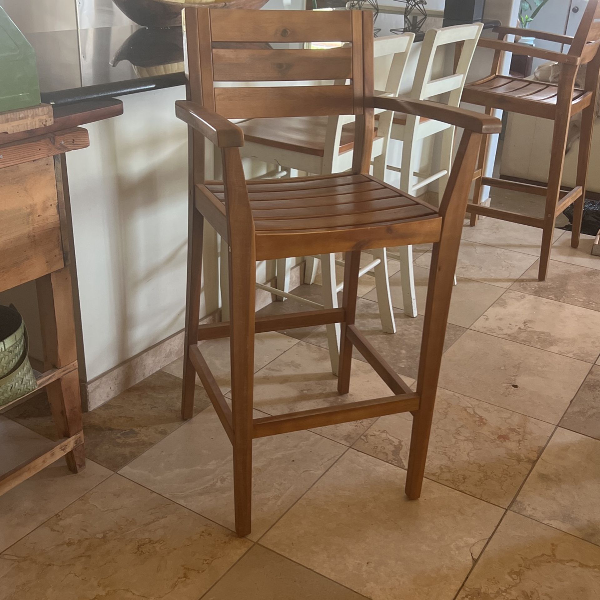 2 Barstools, Wood, Indoor, Outdoor.