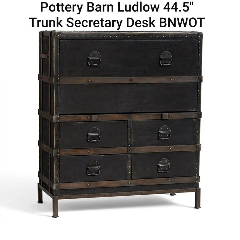 New Pottery Barn Ludlow 44.5" Trunk Secretary Desk with Drawers, Black