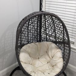 MUST-GO: Resin Wicker Hanging Egg Chair Outdoor Patio Furniture with Cushion and Stand, Steel Frame, Espresso
