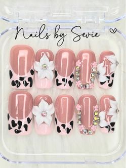 Acrylic Handmade Press-On Nails Cow Print 3D Floral