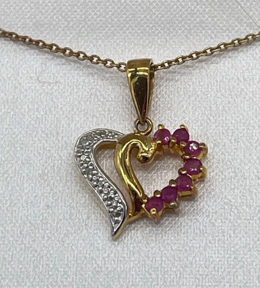 Ross-Simons 18K Gold Over Sterling Silver 18 Inch Necklace Ruby Heart W/ Diamond Accent Pendant