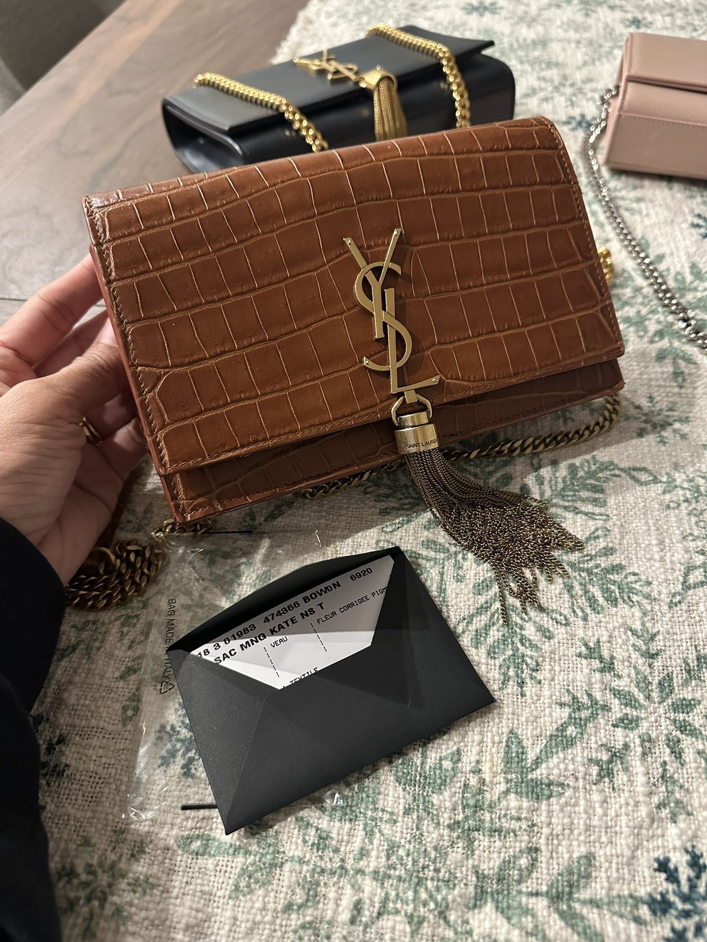 Authentic Ysl kate tassel Chain Wallet Croc Embossed 