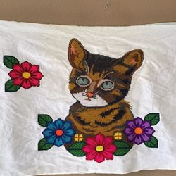 Vintage Colorful Handmade Cross Stitch Cat Pillow Case