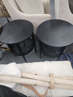 Black Round Side Tables with Cane Shelf – Set of 2