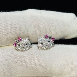 Custom Hello Kitty Earrings – Genuine 925 Sterling Silver with Moissanite Stones