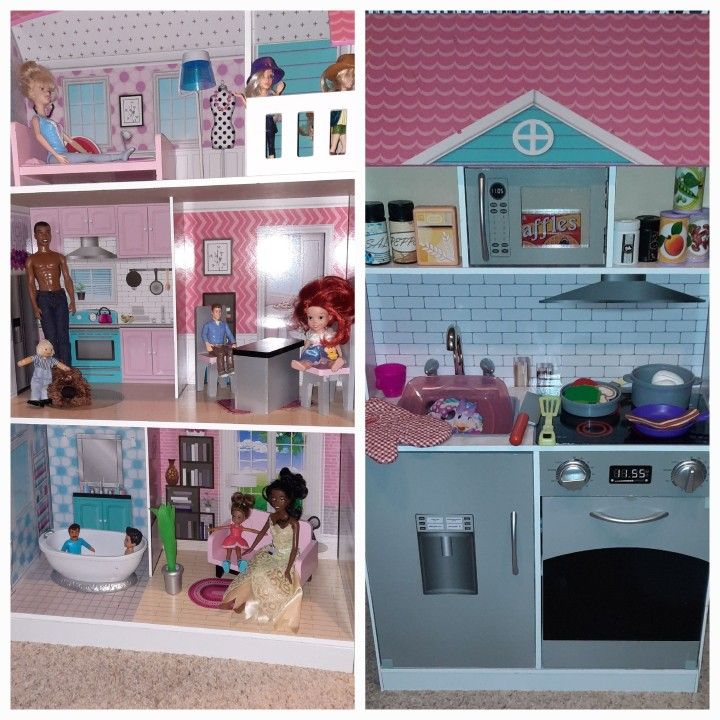 Dollhouse & Play Kitchen Combo With Toys