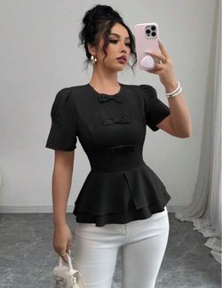 Black Bow Detail Peplum Blouse