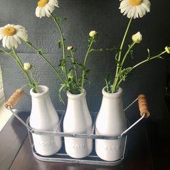 Trio of Porcelain Milk Bottle Vases w/Raised Saying: Bloom,Grow, Thrive On each Bottle. All Displayed in  a Wire Rack.
