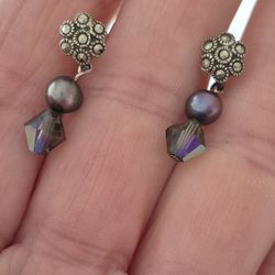 Vtg.Sterling Silver Tahitian Black Pearls & CRYSTALS & MARCASITES Flower Earrings