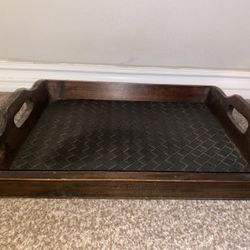 Faux leather serving or valet tray with handles and a patterned base