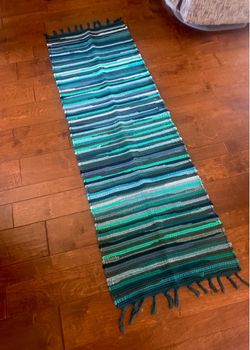 New Indian Cotton Chindi Rug 73x23 Green Boho Runner - Tassels