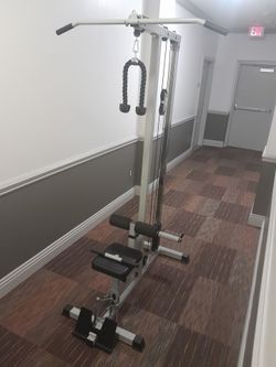CABLE MACHINE - FOUR CABLE ATTACHMENTS including NEW BLACK ROPE + NEW CHROME LOWER BACK BAR - $295.00