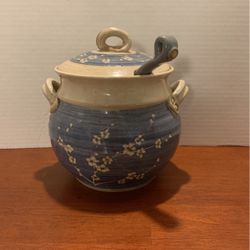 Signed pottery large Soup Terrine Blue, And Tan Flora  9 1/2” X 9 1/2”   K16