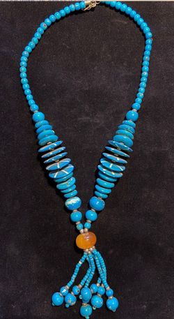Large Blue Turquoise-Style Artisan Statement Necklace - Boho Beaded Tassel