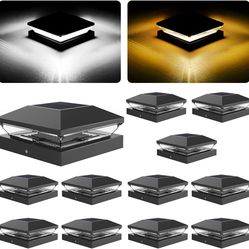 12pcs 4x4 Solar Post Cap Lights Outdoor Waterproof, Solar Deck Fence Post Cap Lights for Wooden/Vinyl with Warm/Cool White Modes for Porch, Garden
