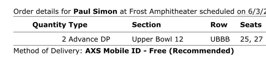 Concert tickets to Paul Simon