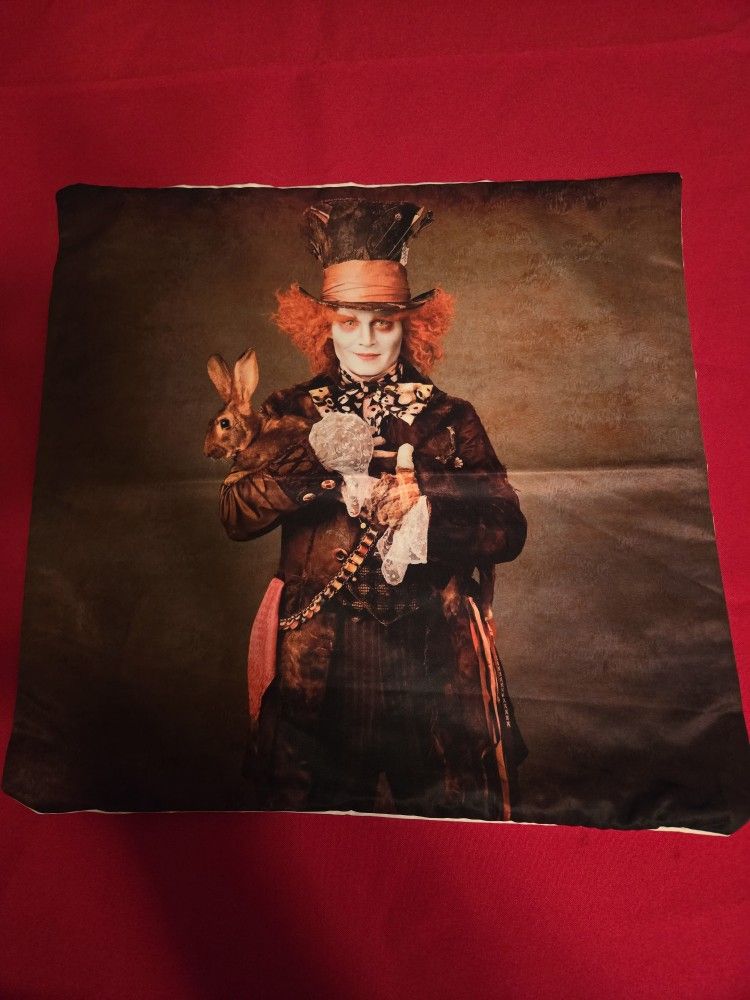 16" By 16" Pillow Case. Johnny Depp as the Mad Hatter from the 2010 film Alice in Wonderland