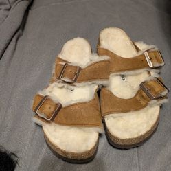 Birkenstock Arizona Shearling Slide Sandal - Cognac- Women’s 