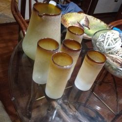 Vintage Crackled Glass Pitcher & 5 Tumblers