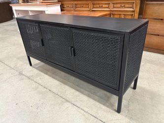 Contemporary Black 3 Door Accent Console with Black Rattan Panels