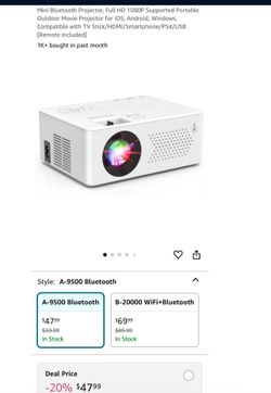 Mini Bluetooth Projector, Full HD 1080P Supported Portable Outdoor Movie Projector for iOS, Android, Windows, Compatible with TV Stick/HDMI/Smartphone