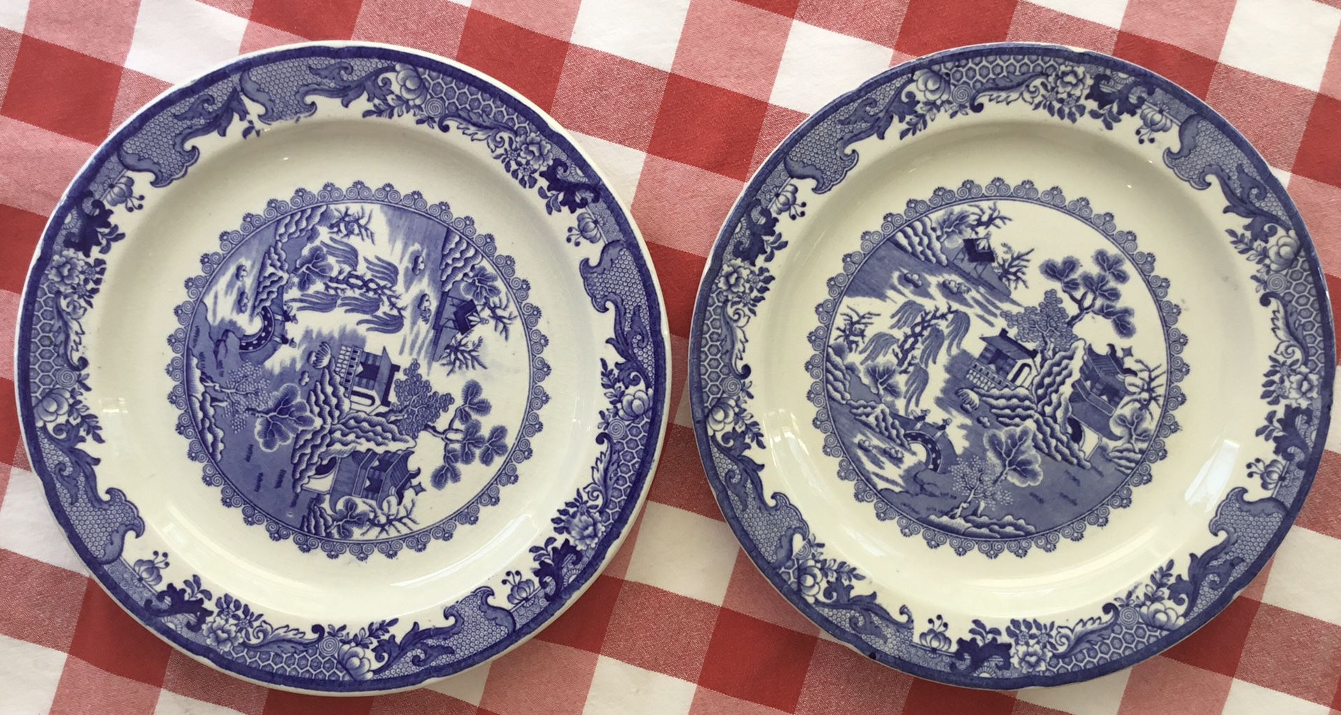 2 Antique Mason's Blue Willow Ironstone Dinner Plates 11.25”, Made in England
