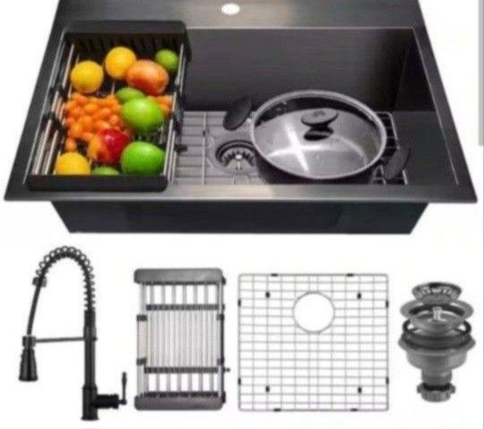 Akdy All-in-One Matte Black Finished Stainless Steel 25 in. x 22 in. Drop-In Single Bowl Kitchen Sink with Spring Neck Faucet