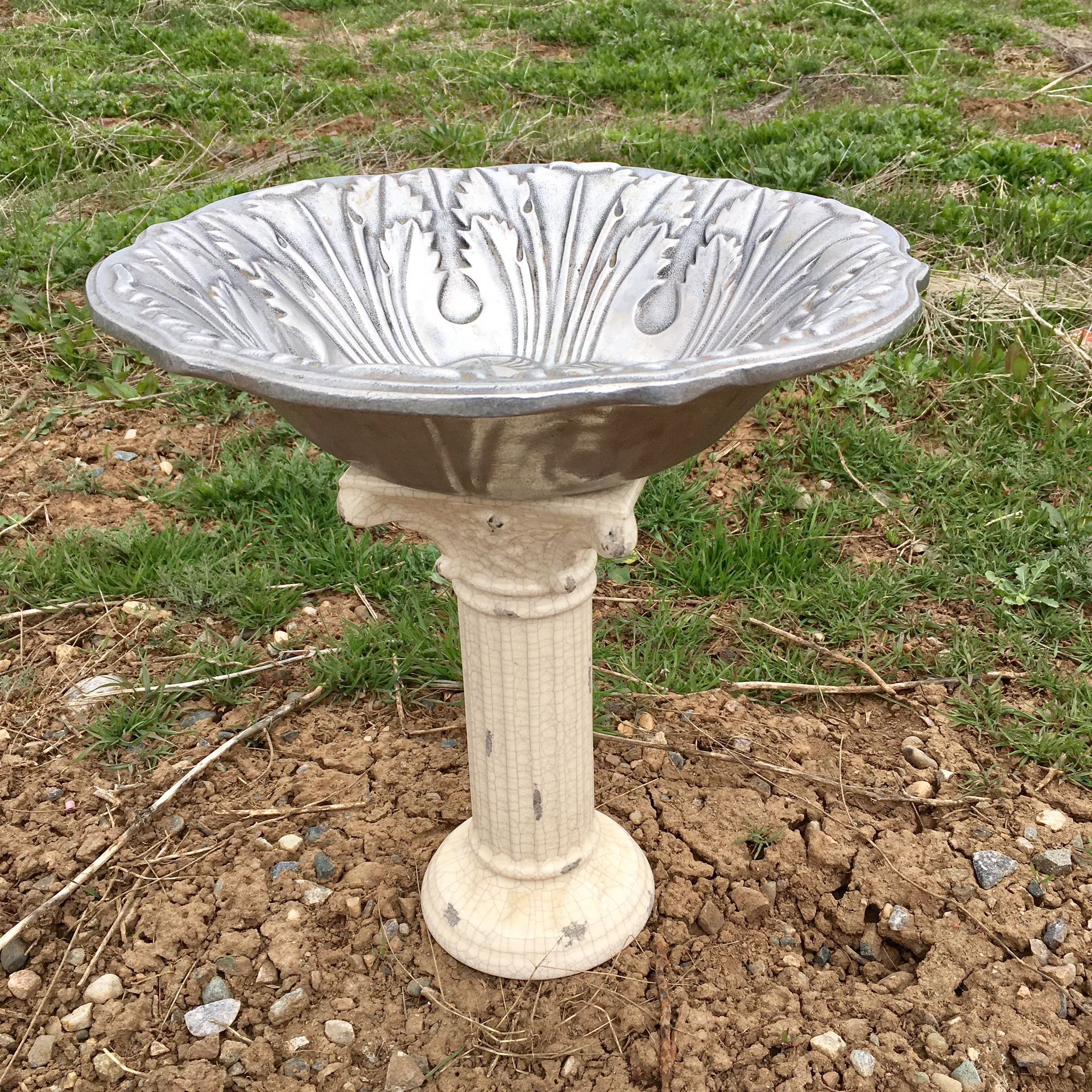 Bird Bath or Feeder- silver pewter Dish and cream colored Stand 15" h neat for your garden!