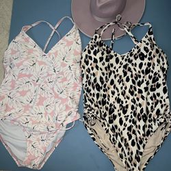 Kona Sol Woman’s One Pieces Xl Bathing Suits Animal Print And Monstera Plant Pink Boho