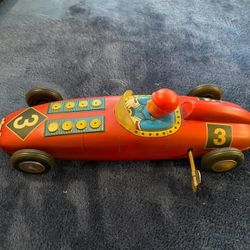 VINTAGE MARX  RED RACE CAR TIN LITHO WIND UP #3 COLLECTIBLE TOY Great Shape