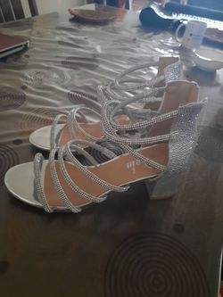 Silver Rhinestone Strappy Block Heel Sandals