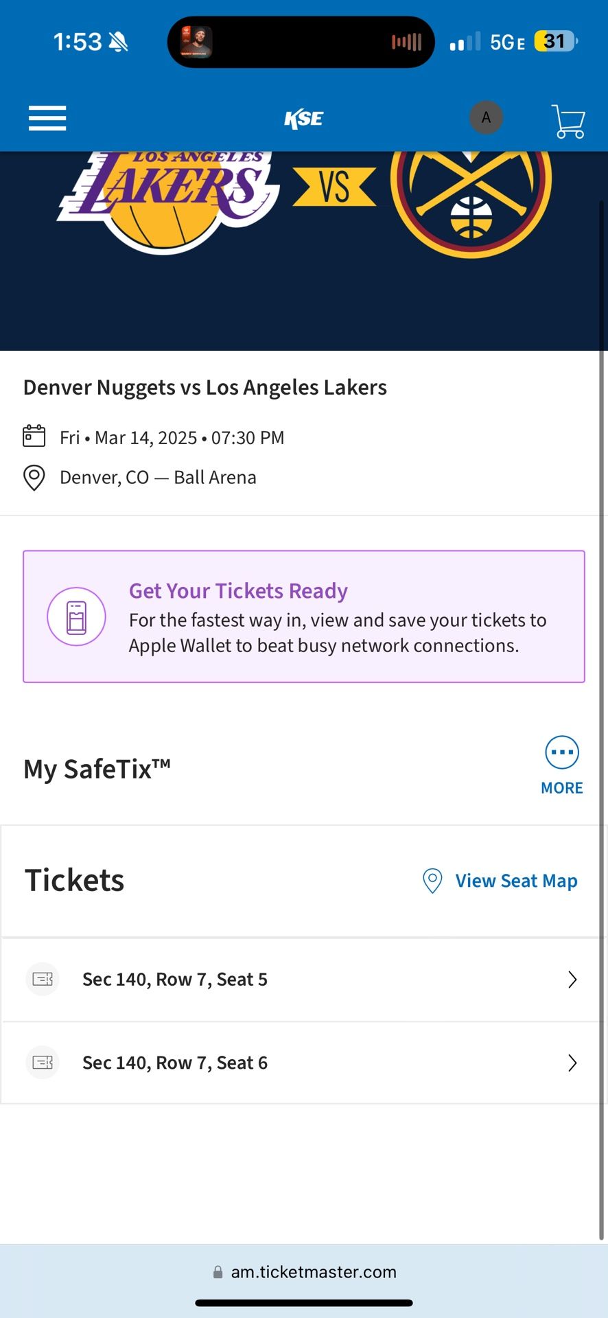 2 Tickets Tonight Lakers Vs Nuggets Section 140 Row 7