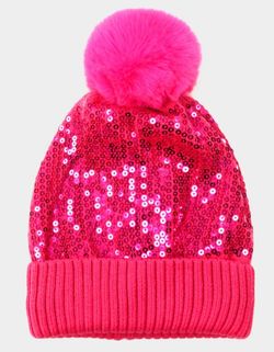 White Sequin Pom Pom Beanie Hat
