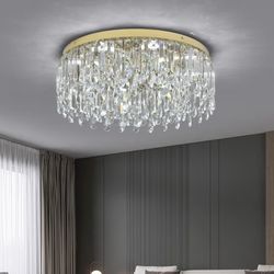 Deckrico 19.7" Gold Crystal Chandelier, Modern Flush Mount Ceiling Light Fixture Luxury Tri-Color LED Lighting for Living Room Dining Room Bedroom