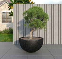12" Fiberstone Round Planter with Drainage Holes for Indoor and Outdoor Use, Black