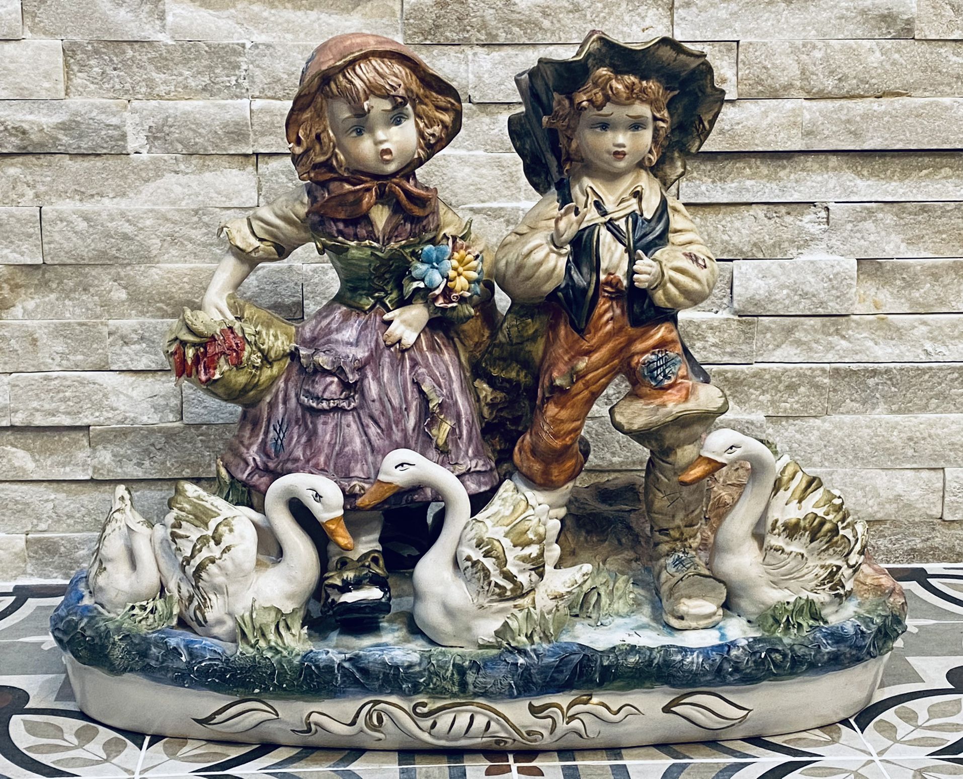 Stunning Extra Large VTG Italian Capodimonte Boy & Girl Figurine 20” W X 15.5” T