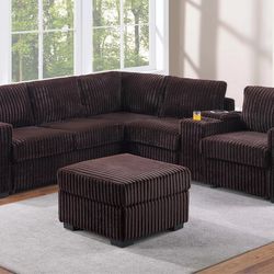 4-Piece Sectional Set W/ Ottoman Reversible Loveseat + Reversible Loveseat W/USB Console & Cup Holders + Corner Wedge + Cocktail Ottoman  Color: Coffe