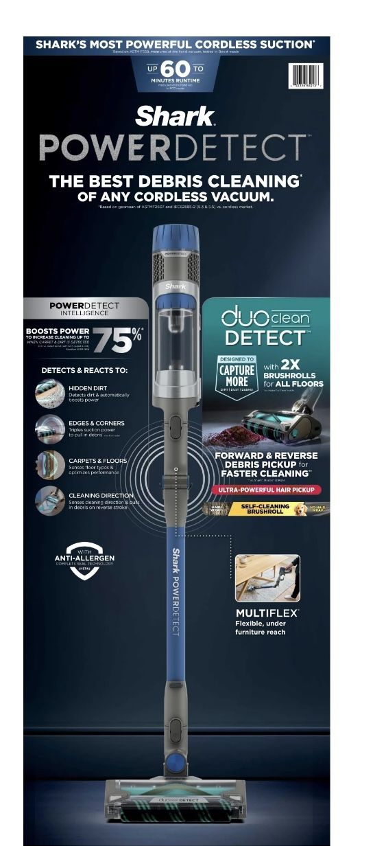 Shark PowerDetect Cordless Stick Vacuum, Multi-Surface, with DuoClean Detect Nozzle and MultiFLEX Wand, Up to 60 Mins Runtime, IP1250 Blue