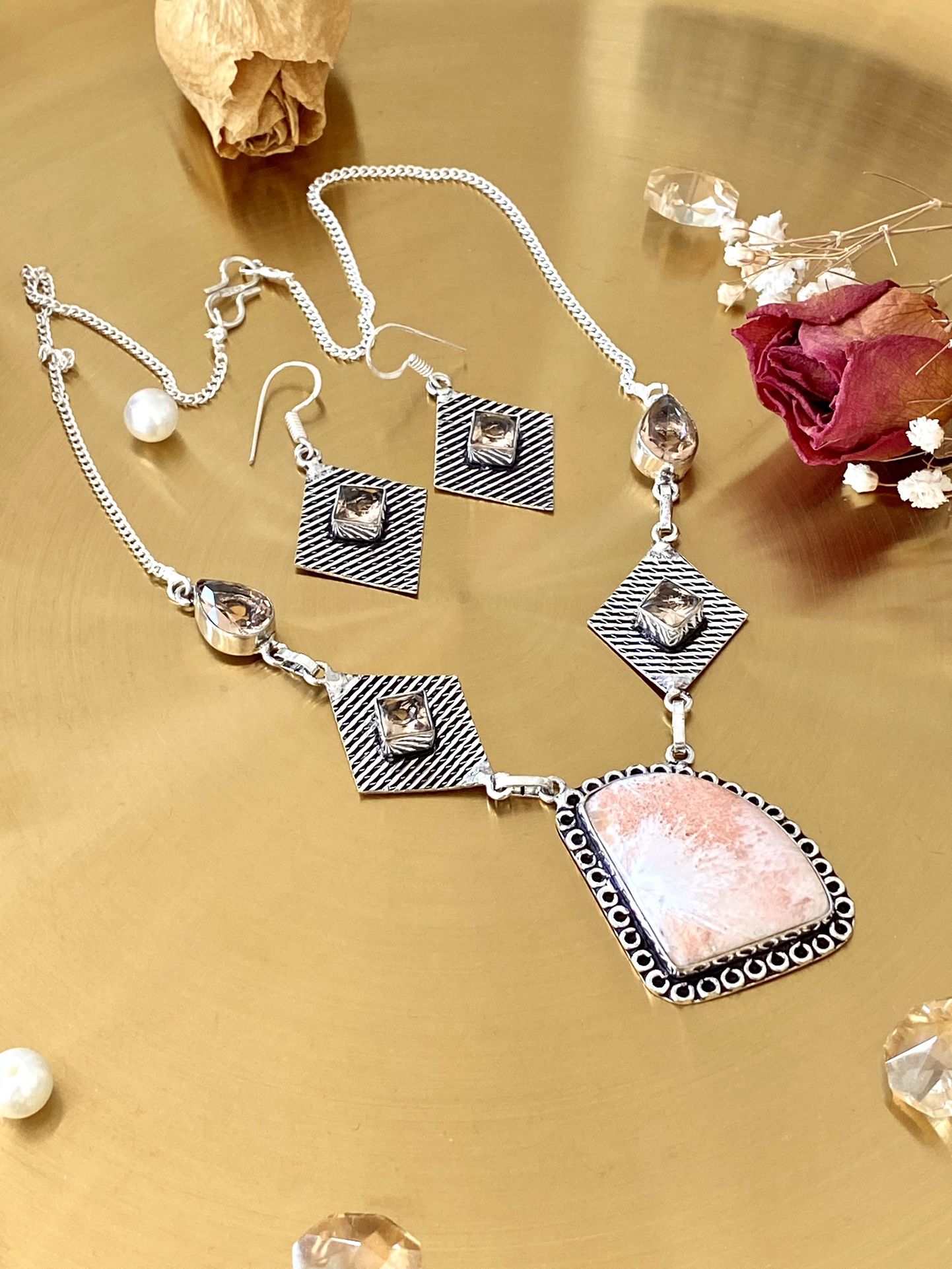 Scolecite And Morganite 925 Sterling Silver Overlay Handcrafted Necklace And Earrings set