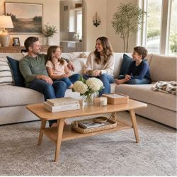 100% Solid Wood Coffee Table for Living Room, 39.37" Mid Century Modern Small Tables with Shelf Storage, 2-Tier Coffee Table with Rounded Corners (Oak