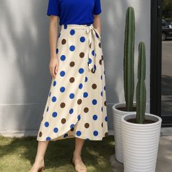 Chic Blue Tee and Polka Dot Wrap Skirt Set Vintage Style Adjustable Waist S new