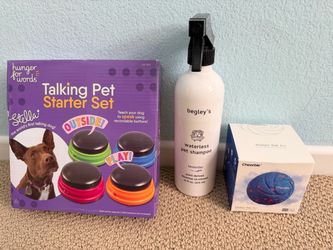 Dog Pet Bundle – Talking Buttons, Shampoo & Ball