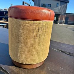 Burlap Coffee Sack w/ Leather Top Mitchell Gold & Bob Williams Ottoman- Wood Bottom