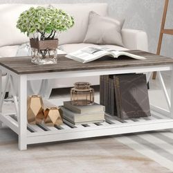 2-Tier Rectangular Farmhouse Coffee Table Wooden Oak Blak
for Living Room, Centre Cocktail Table, Slats Shelf Storage, V-Shaped Frame
