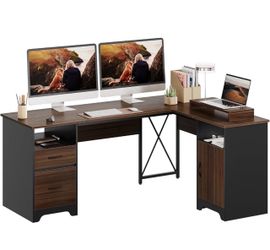 2125b  Bestier L Shaped Desk with File Drawers, 63" x 47" Office Computer Desk with Storage Cabinet, Corner Desk with Monitor Stand & Modesty Panel fo